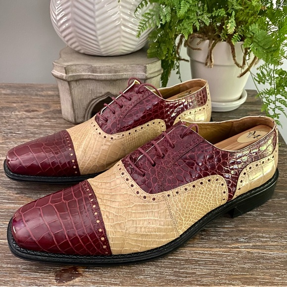 Ferrini Mens Alligator Skin Ostrich Quill Leather Oxfords Shoe Burgundy Wine Tan main image 13